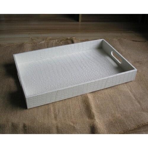 High Quality Wooden and PU leather Storage Tray Household/ Hotel/ Restaurant Serving Dish Snacks Tray Fruits Tray with Handle