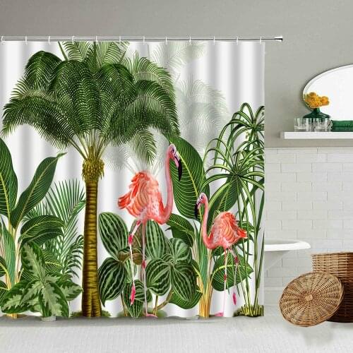 Tropical Green Plants Pink Flamingo Shower Curtain Banana Leaf Palm Tung Leaf Summer Bathroom Waterproof Polyester Screen Set