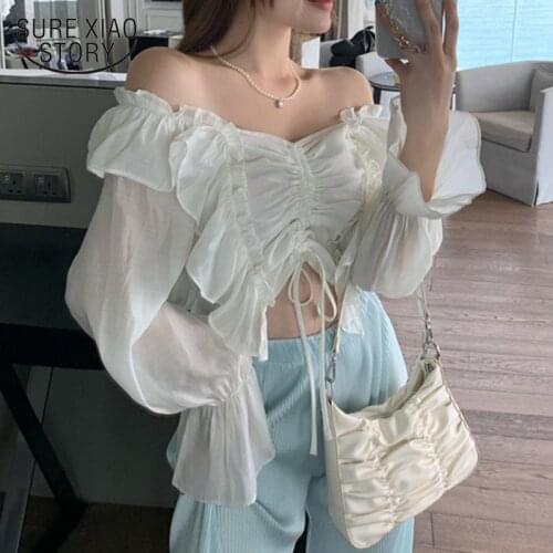 Summer New Blouse Slash Neck Flare Sleeve Chiffon Top Elegant Ruffle Casual Tops for Women Slim White Black Shirt Female 14574