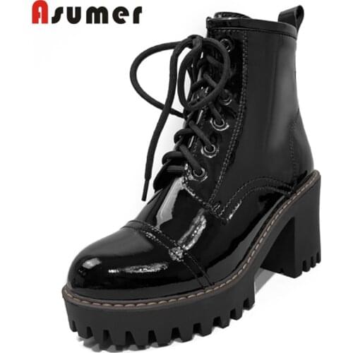 Asumer 2022 New Arrive Patent Leather Ankle Boots For Women High Heels Platform Boots Round Toe Vintage Simple Winter Shoes Lady