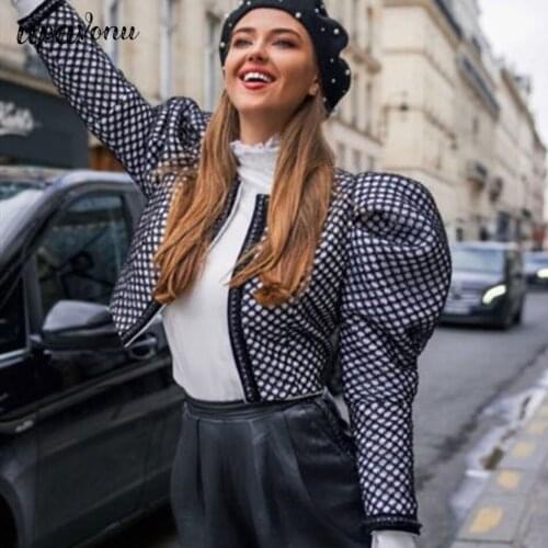 2020 Autumn Fashion Women Clothes Runway Styles High Quality Female Vestido Puff Sleeves Plaid Short Jacket Slim Plaid Jacket
