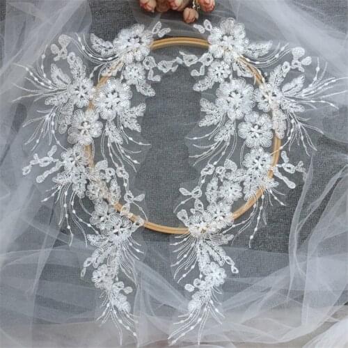 1Mirror pair Ivory Gold Sequins Luxury Wedding Dress Clothing Decoration Material diy Accessories Lace Cloth Patch Applique