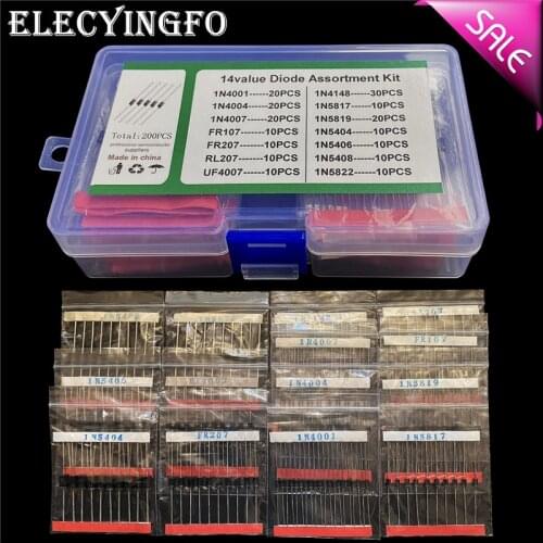 14value 200pcs Switch/rectifier/Schottky diode box 1N5404/5406/5408/5822/4148/4001/4004/4007/5817/5819/RL207/FR207/107/UF4007
