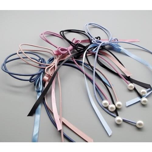 2pcs in)Handmade ribbon bow long tassel ornament pearl beads elastic hair bands gums toddler thicker hair deco ties accessorie