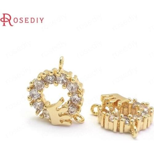 37198)6PCS 12x10MM 24K Gold Color Brass and Zircon with Crown Circle Connect Charms Necklaces Pendants Jewelry Making Supplies