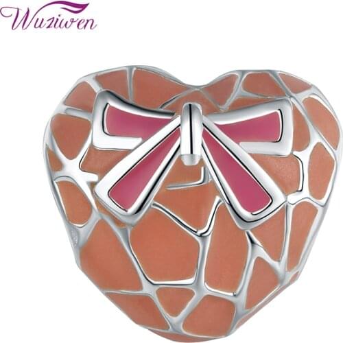 Wuziwen 925 Sterling Silver Heart Shape Charm Beads For Women European Bracelet Necklace DIY Jewelry Making Pink Color 1B0067