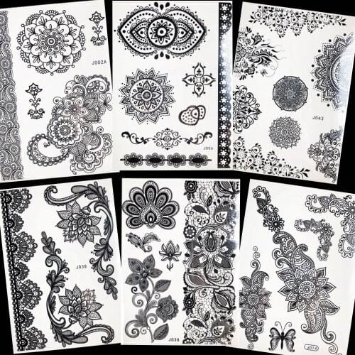 Black Henna Mandala Flower Tattoo Stickers Women Party Henna Mandala Flower Fake Tatoos Neck Bracelet Wedding Tattoo Birdal