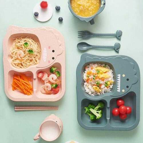 Baby Tableware 4pcs Set Dinosaur Plate Spoon Fork Chopsticks Kids Eco-friendly Dishes Feeding Food Dinnerware Set