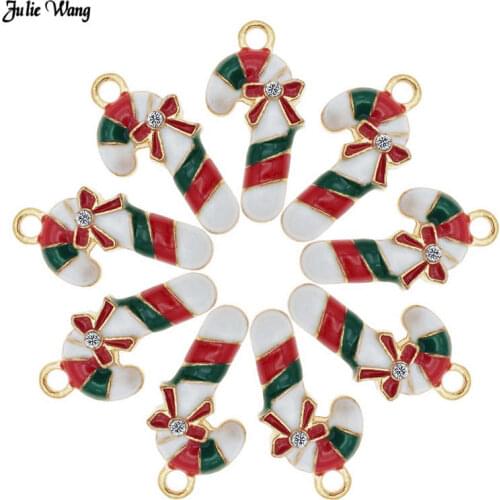 Julie Wang 5pcs Alloy Enamel Christmas Candy Cane Charm With Rhinestone Women Bracelet Necklace Pendant DIY Accessory Xmas Decor