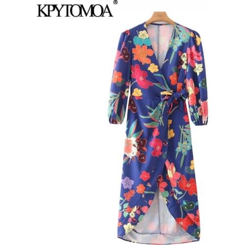 KPYTOMOA Women 2021 Fashion With Tied Floral Print Wrap Midi Dress Vintage V Neck Three Quarter Sleeve Female Dress Vestidos