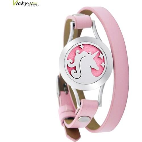 Colorful Genuine Unicorn 25mm Magnet Leather Aroma Locket Stainless Steel Bangle Essential Oils Aromatherapy Locket Bracelet