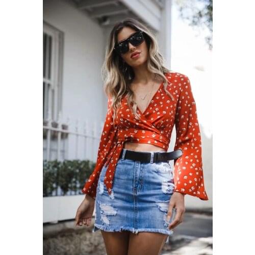 Summer Long Flare Sleeve Blouse Tops Chiffon Deep V-Neck Blouse Bandage Crop Top Sexy Streetwear Floral Print Blouse Shirt Tops