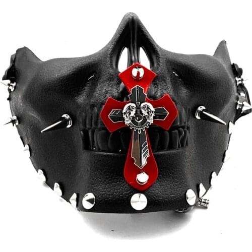 Mens Steampunk Spike Skull Half Face Mask Rivet Cross Cosplay Halloween Props