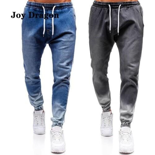 Men Casual Pants New Fashion Solid Elasticised Waist Lace Up Washed Jeans Outdoors Sport Beam Feet Contrast Stitching Trousers