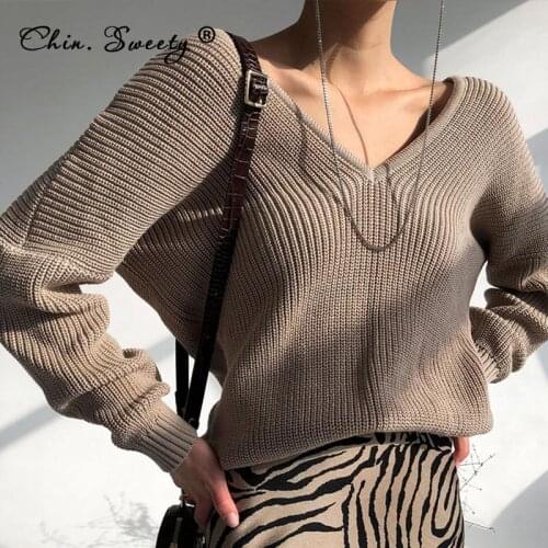 Solid Womens V-neck Long Sleeve Knitwears 2021 Autumn Winter New Dropped Shoulder Thicken Pullovers Ladies Fashion Office Tops