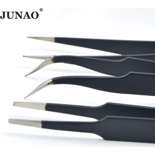 JUNAO Anti-static Stainless Steel Tweezers Curved Straight Tweezers For Nail Art Rhinestones Hand Tool DIY Sewing Accessories