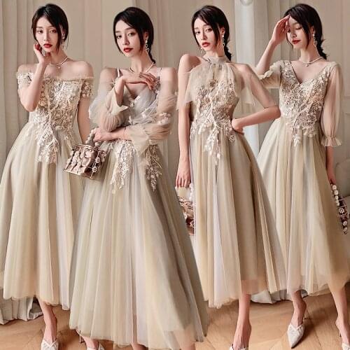 Bridesmaids Dresses Illusion V-Neck Appliques Embroidery Pleat A-Line Spaghetti Straps Ankle-Length Lady Wedding Party Gown E394