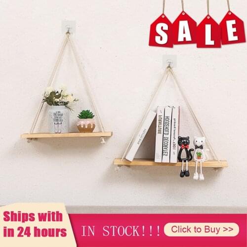 Premium Wood Swing Hanging Rope Wall Mounted Floating Shelves Plant Flower Pot indoor outdoor decoration simple design
