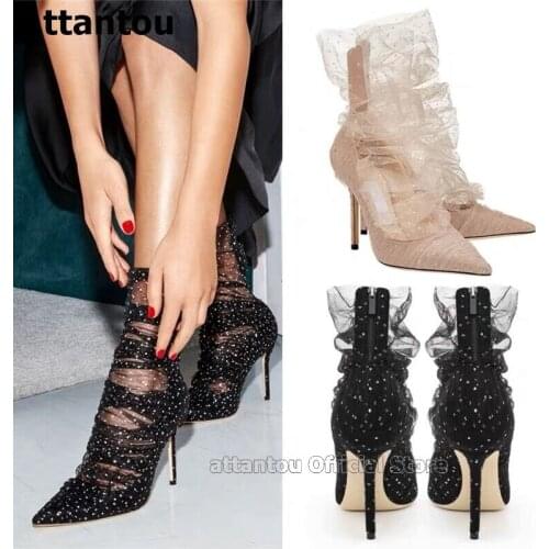 See Through Mesh Crystal Embellished Thin Heeled Pumps Gorgrous Pointed Toe High Heel Party Dress Shoes Woman Black Beige Boots