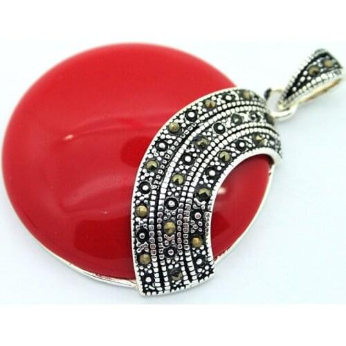 RARE 925 STERLING SILVER RED CORAL ROUND HUGE MARCASITE PENDANT 35*35mm