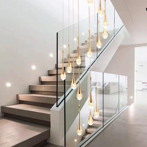 Nordic Light Luxury LED Crystal Chandeliers Water Drop Hanging Lamp Creative Duplex Spiral Staircase Lights Living Room Fixtures