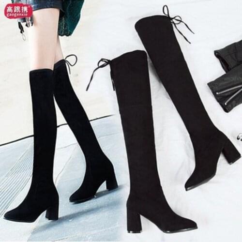 2019 new autumn and winter thick with high tube over the knee boots high-heeled long tube elastic boots