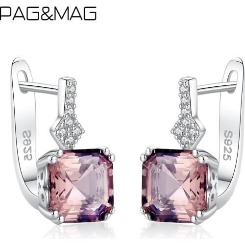 PAG&MAG Luxury Square Smoky Clip On Earrings Real 925 Sterling Silver Earrings For Women Wedding Jewelry Orecchini Argento 925