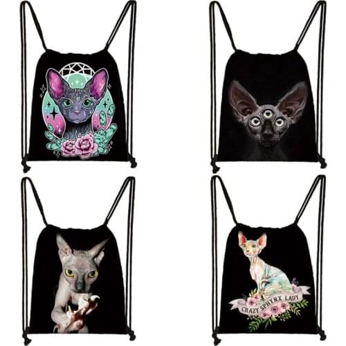 Hairless Cat Cartoon Print Drawstring Bag Ladies high-capacity Travel Bags Children School Backpack Dustproof backpack school