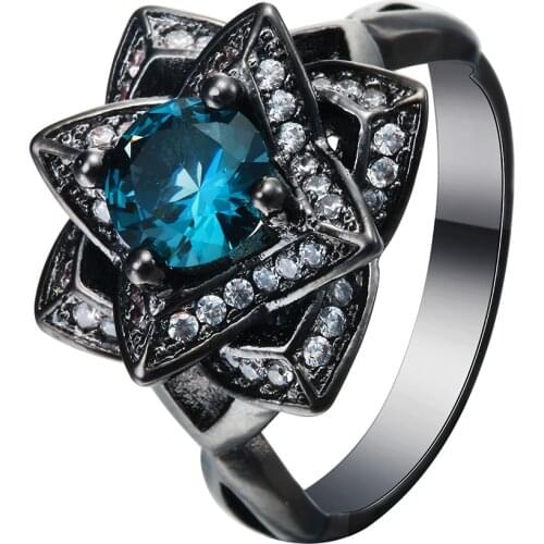 Luxury the created love flower Blue CZ zircon Wedding Ring Black gold-color Crystal 2017 new Vintage engagement jewelry