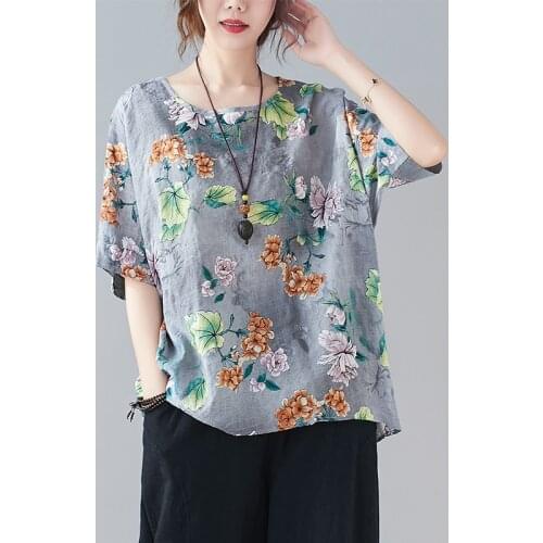 Loose Tops 2021 New Fashion Print Summer T-shirts Soft Linen Cotton Vintage Tshirts Plus Size Oversized Casual Tees Shirts