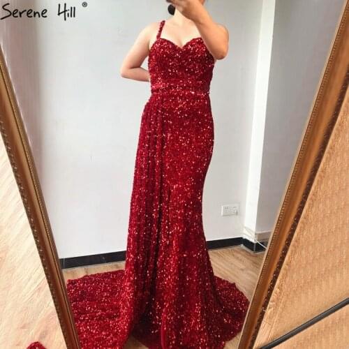Serene Hill Red Mermaid Sleeveless Sexy Evening Dress Design 2020 Dubai Sparkle Sequined Luxury Formal Party Wear Gown CLA70589
