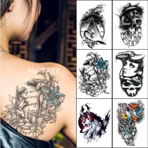 Nu-TATY Waterproof Temporary Sticker 6 Set Series Scorpion Swallow Morning Glory White Wolf King Skull Clock Tattoo Stickers