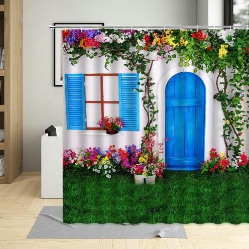 European Garden Flower Shower Curtain Spring Green Plant Small Town Street Forest Nature Scenery Bathroom Curtain Set Wall Cloth
