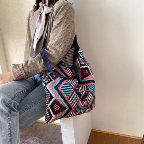 Lady Knitting Gypsy Bohemian Boho Chic Aztec Tote Bag Women Crochet Woolen Open Shopper Top-handle Bag 2020 Female Daily Handbag