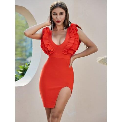 High Quality New Red Women Summer Bandage Dress Sexy V Neck Split Mini Bodycon Dress Vintage Vestios Bandagem Party Dress