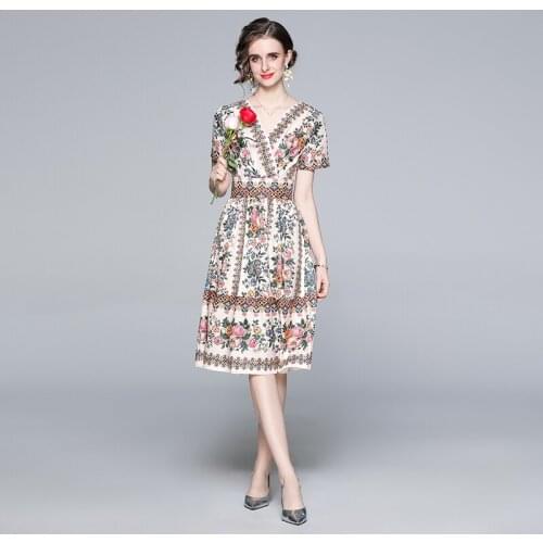 Summer Fashion Runway Dress Women V-Neck Short Sleeve Multicolor Floral Print Casual Ladies Midi Dresses Vestido k6808