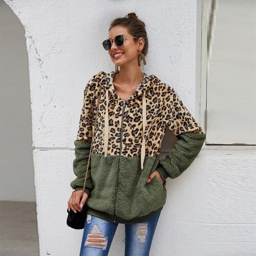 Womens Zipper Faux Fur Coat Leopard Solid Hoodies Autumn Winter Casual Long Sleeve Hooded Cloths Fashion Warm Hoodie with Pocket