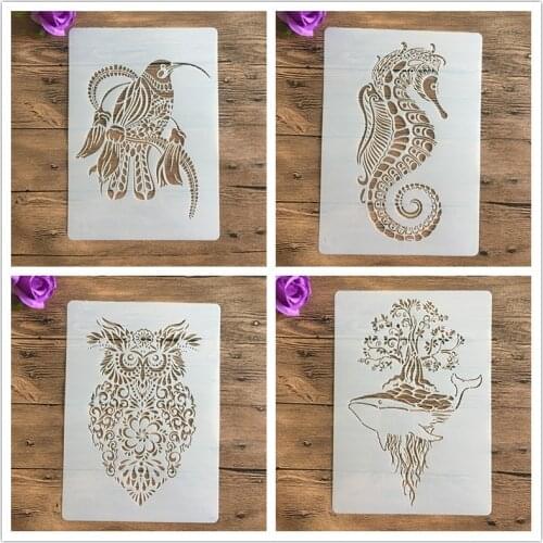4pcs / set A4 Animal seahorse kingfisher owl whale Stencils Painting Coloring Embossing Scrapbook Album Decorative Template