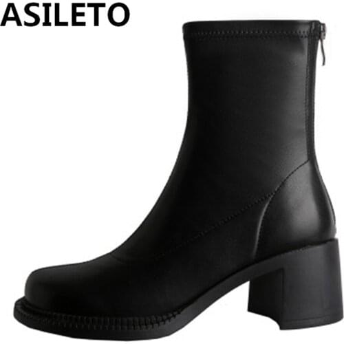 ASILETO 2021 Real Leather Mortorcycle Ankle Bootie Stretchy Designer Women Round Toe Square Mid Heel Zipper 40 Black S2422