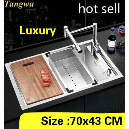 Free shipping Apartment big luxury kitchen manual sink single trough durable 304 stainless steel vogue hot sell 700x430 MM