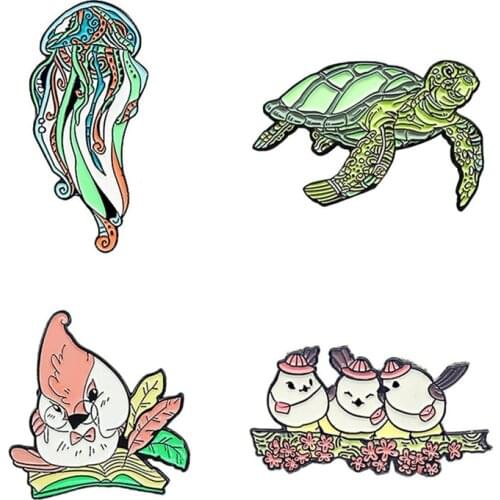 Turtle And Bird Enamel Lapel Pins Badges Women Anime Jellyfish Brooches Jewelry Cute Cartoon Animals Accessories On Backpack