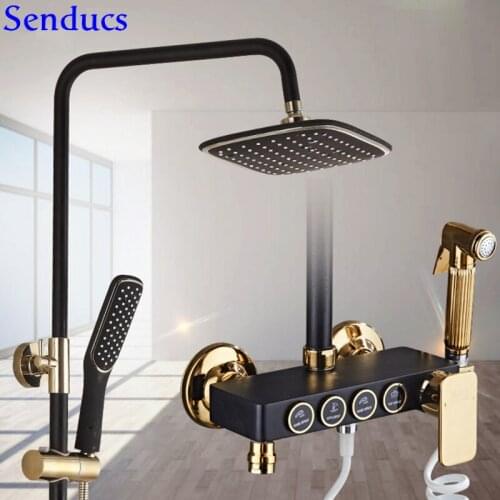 Senducs Black Gold Shower Set Luxury Gold Thermostatic Shower System with Quality Brass Bathroom White Gold Shower Set
