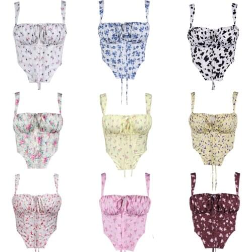 Elegant Lady Bustier Cami Top 90s Vintage Floral Print Skinny Corset Sexy Backless Zip Up Cropped Y2K Women Low Cut Mini Vest