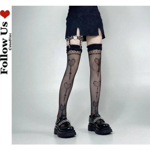 Gothic Dark Love Over-knee Socks Female Japanese Harajuku Lace Hollow Out Thigh High Stockings Cute Bottoming Stockings Woman