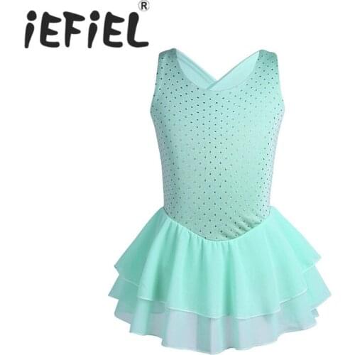 IEFiEL Kids Girls Children Criss-cross Cutout Back Ruffled Tiered Skating Ballet Dance Gymnastic Girls Performance Leotard Dress