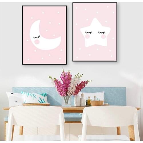 Painting Decoration Picture Nordic Kid Baby Room Decor Pink Moon Cloud Star Nursery Child Poster Cute Art Decorative Print Wall