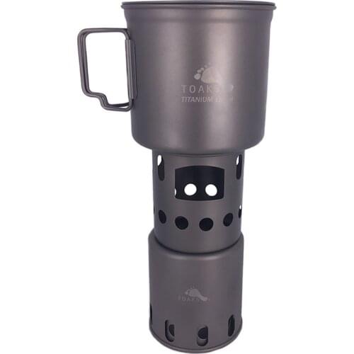 TOAKS Titanium 1100ML Pot with Bail Handle and Wood Stove Combo Set Camping Cooking System Titanium Backpacking Stove STV-12