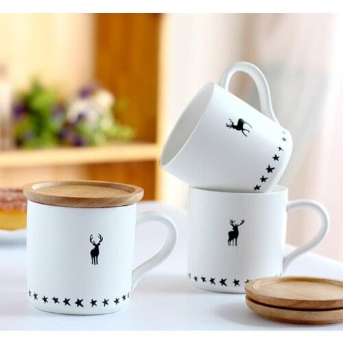 Northern Europe Style Deer Ceramics Coffee Mug With Wooden Cover Office Home School Tea Milk Cup Wood Lid Drinkware Free Shiping