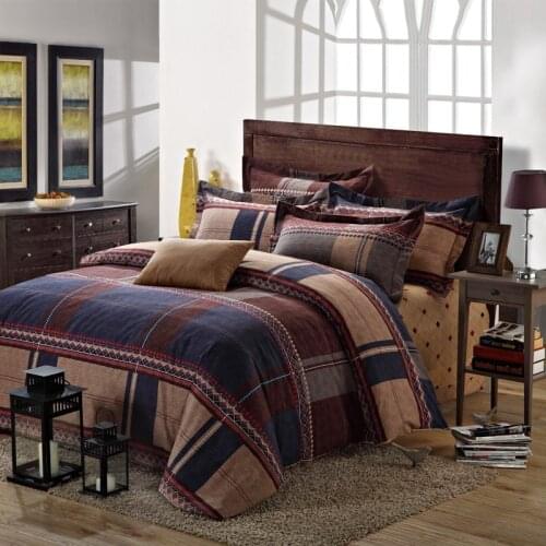 Coffee 100% Cotton Sanding Stripes Plaid Printed Bedding Set Western Bed Sheet set mans Duvet Cover Pillowcase Queen King 4pcs