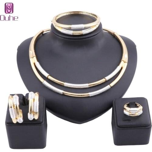 Dubai Gold Jewelry Sets Classic Necklace Bangle Earrings Ring for Women Wedding Bride Jewelry Set